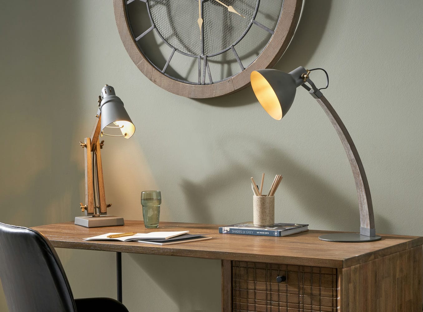 Topsham Wood and Grey Metal Curved Table Task Lamp