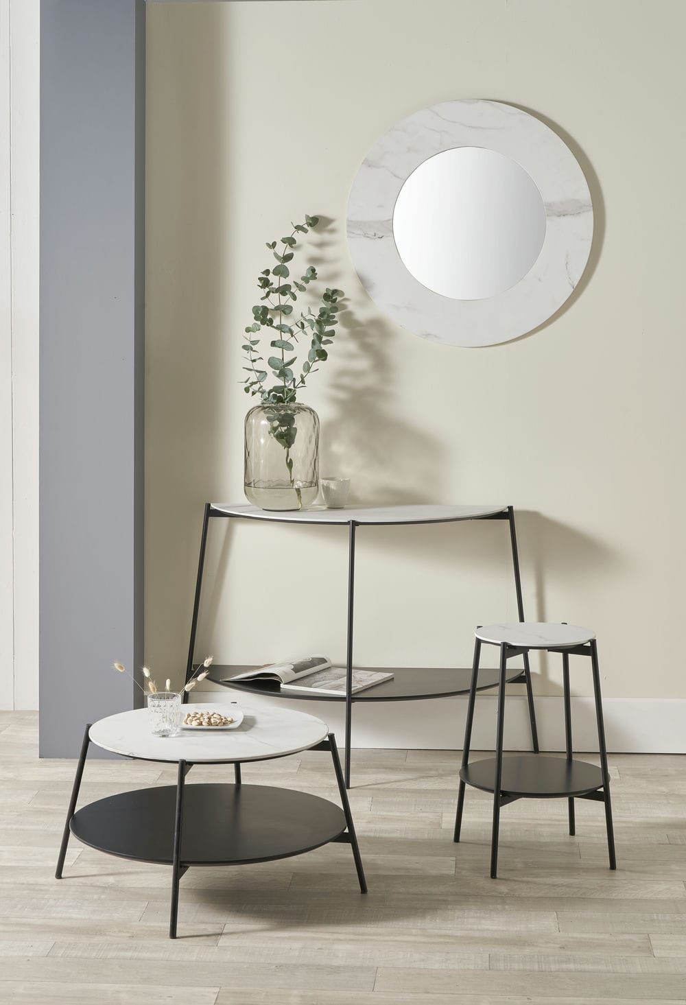Marchello White Marble Veneer and Black Metal Side Table