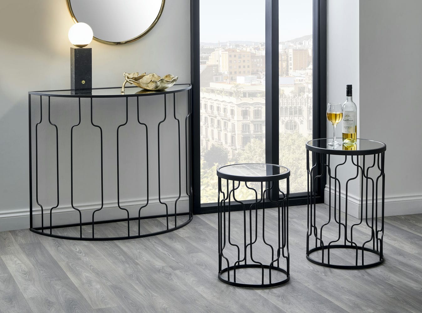 Caprisse Mirrored Glass and Graphite Metal Half Moon Console Table