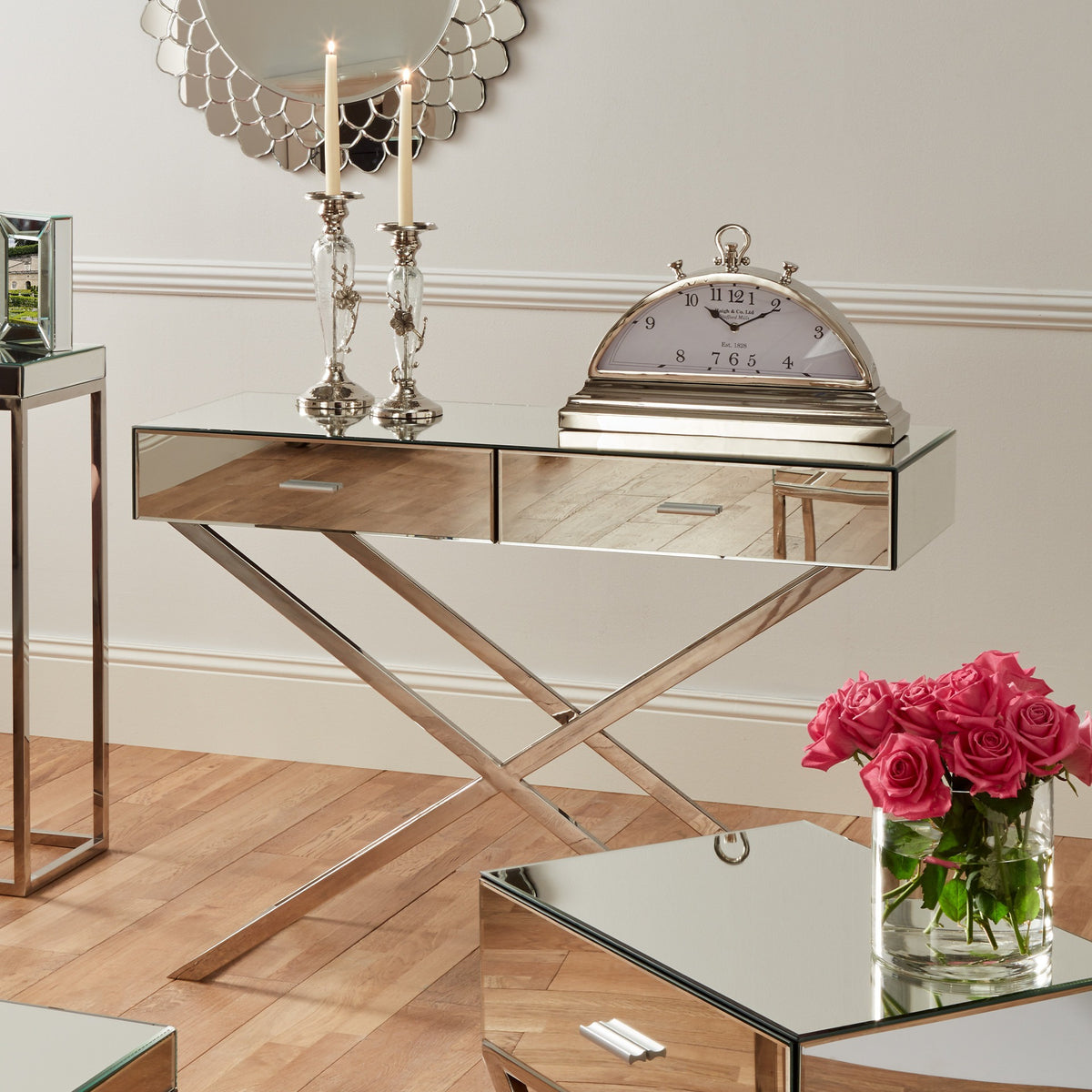 Rocco Silver Mirrored Glass and Metal Console Table