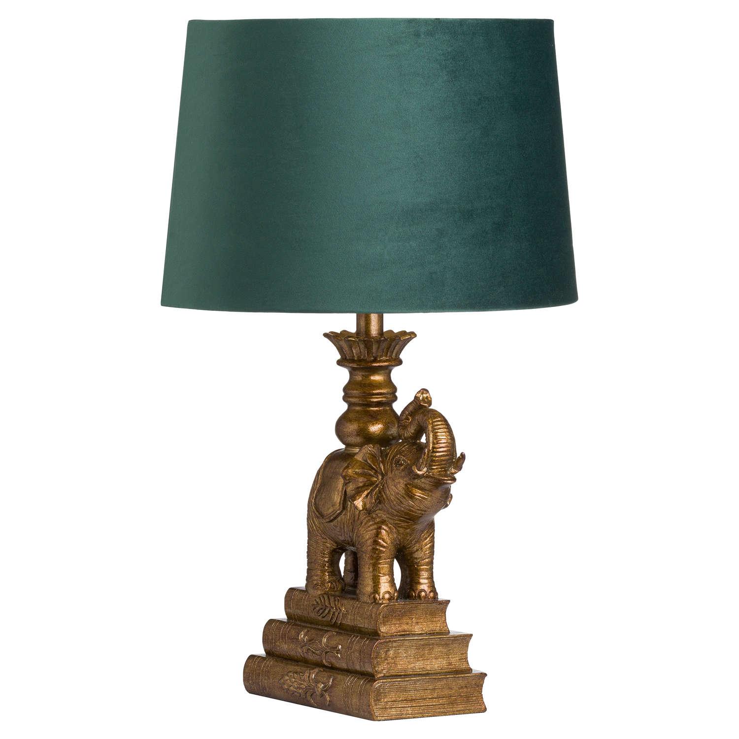 Antique Gold Elephant Table Lamp With Emerald Green Shade - Vookoo Lifestyle