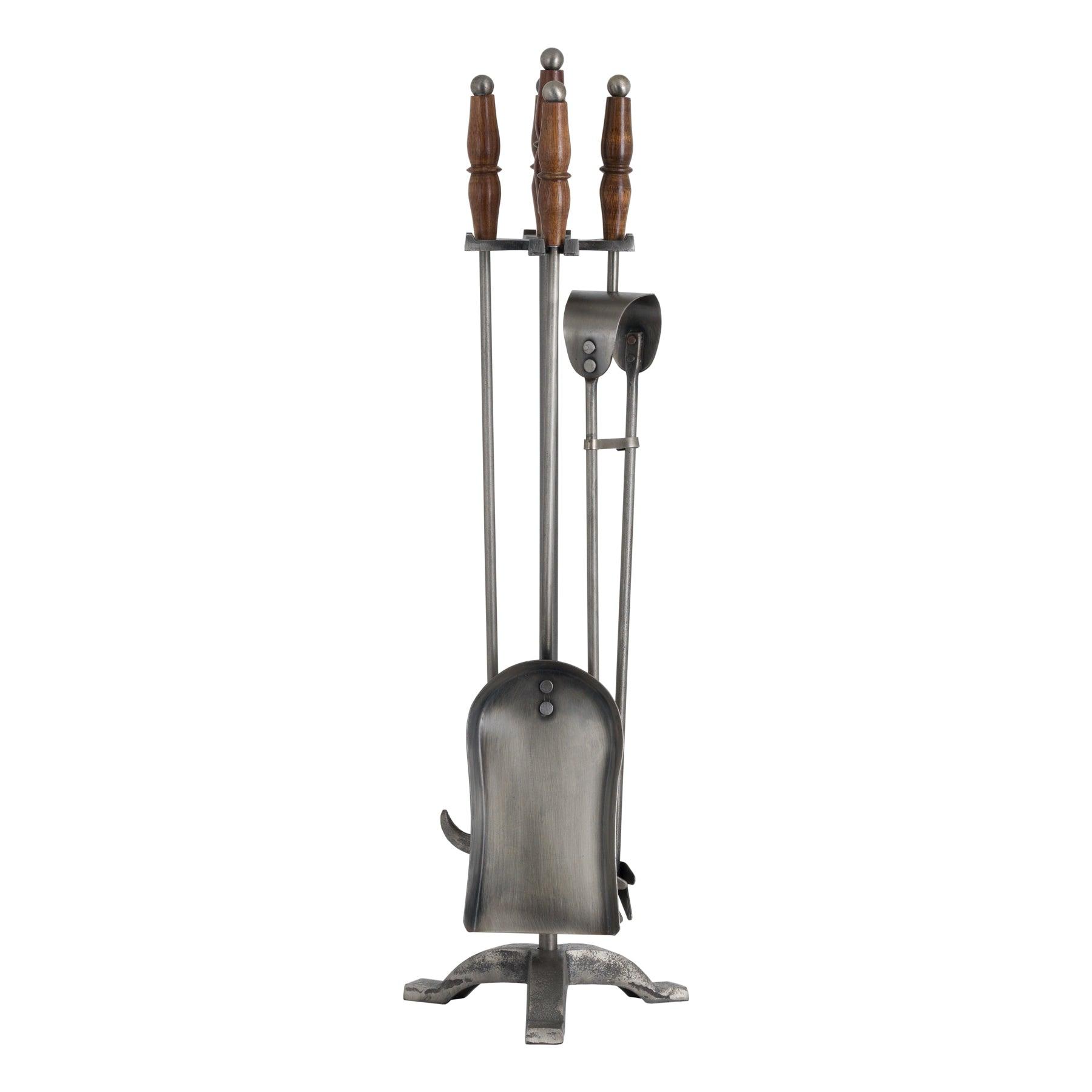 Hand Turned Fire Companion Set In Antique Pewter With Wooden Handles - Vookoo Lifestyle