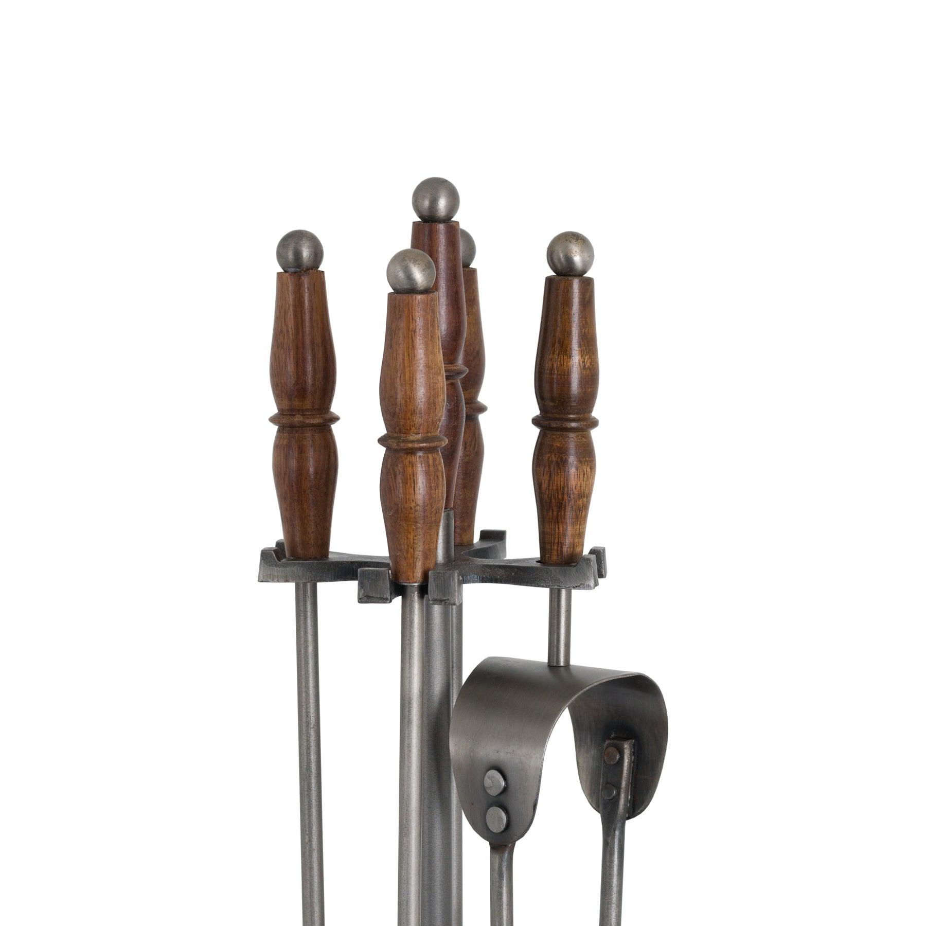 Hand Turned Fire Companion Set In Antique Pewter With Wooden Handles - Vookoo Lifestyle