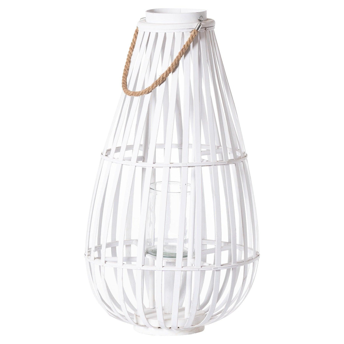 Large White Floor StandingDomed Wicker Lantern With Rope - Vookoo Lifestyle