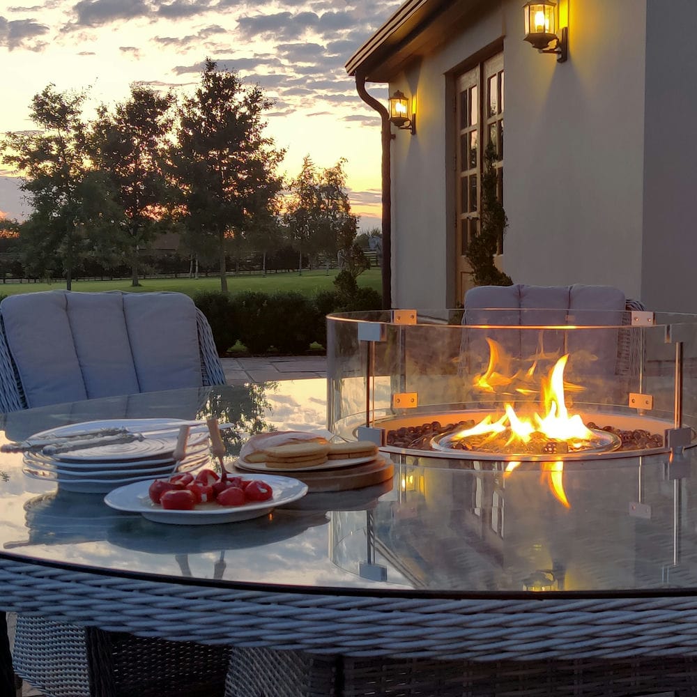Oxford 6 Seat Round Fire Pit Dining Set with Venice Chairs and Lazy Susan - Vookoo Lifestyle