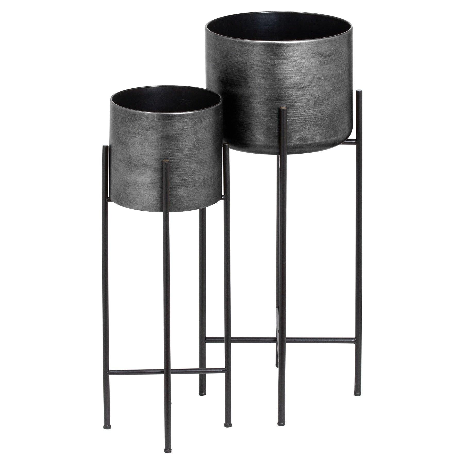 Set Of Two Grey Metallic Planters On Stand - Vookoo Lifestyle