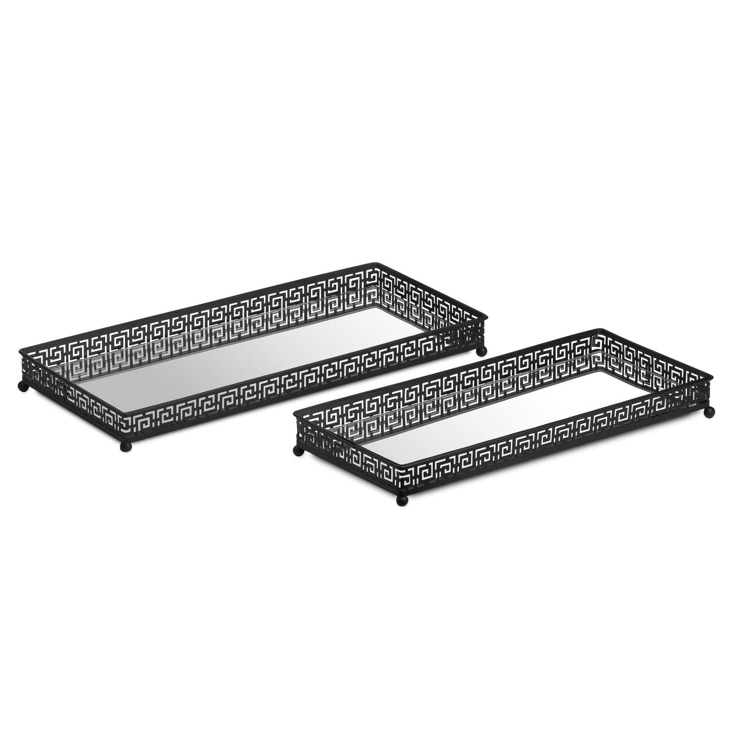 Set Of Two Rectangular Aztec Black Mirrored Trays - Vookoo Lifestyle