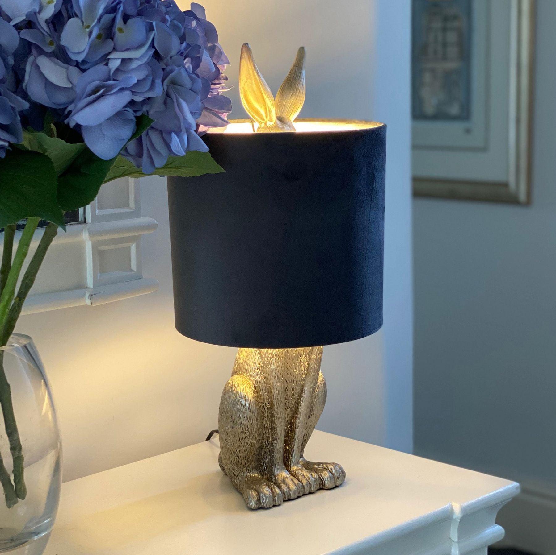 Silver Hare Table Lamp With Grey Velvet Shade - Vookoo Lifestyle