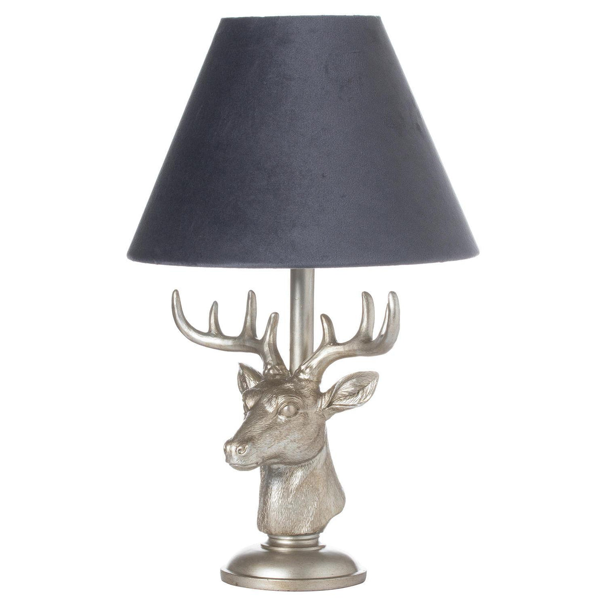 Silver Stag Head Table Lamp With Grey Velvet Shade - Vookoo Lifestyle