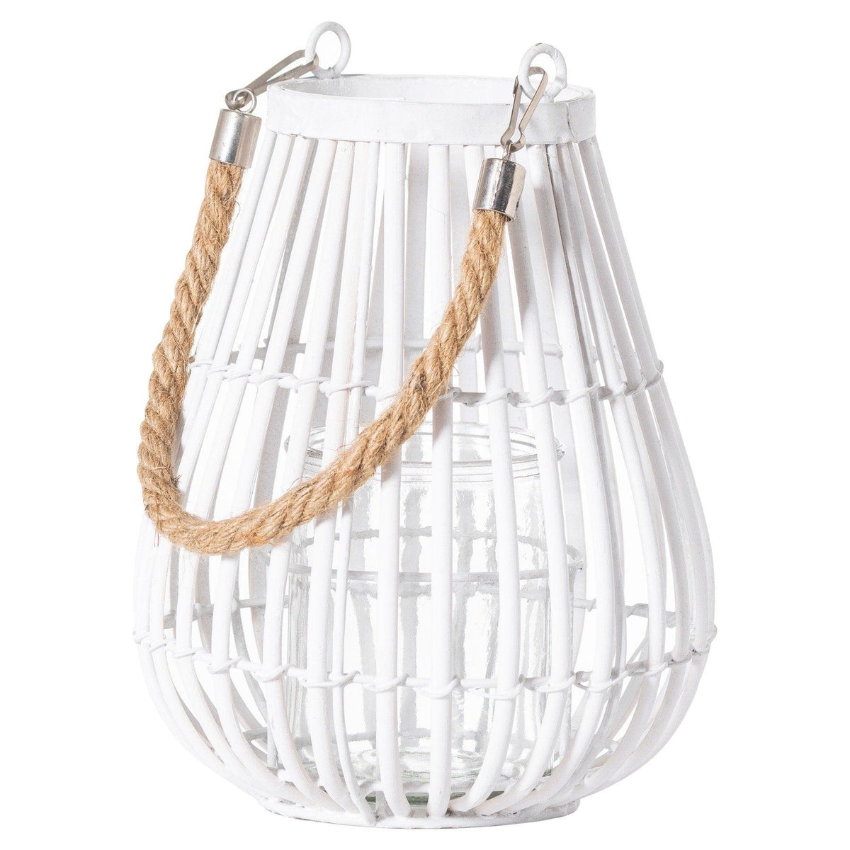Small Domed White Rattan Lantern With Rope Detail - Vookoo Lifestyle