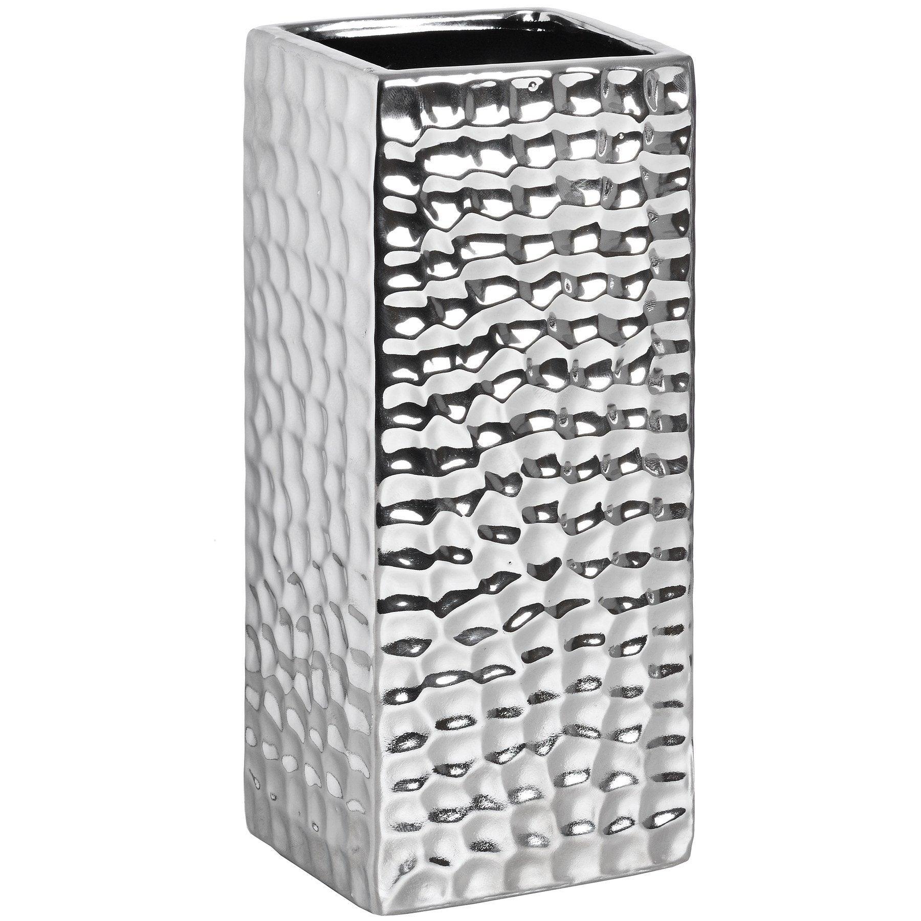 Square Silver Ceramic Dimple Effect Vase - Vookoo Lifestyle