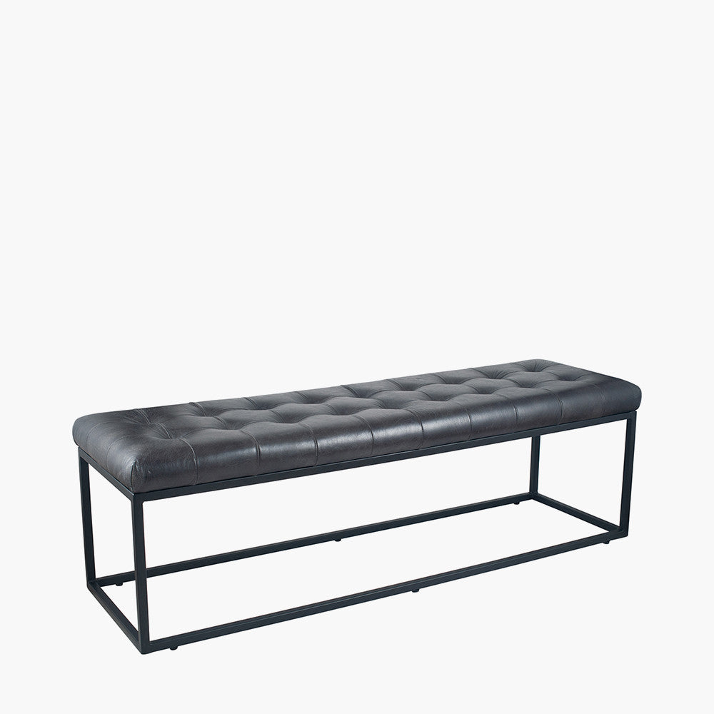 Arlo Steel Grey Leather and Iron Buttoned Bench