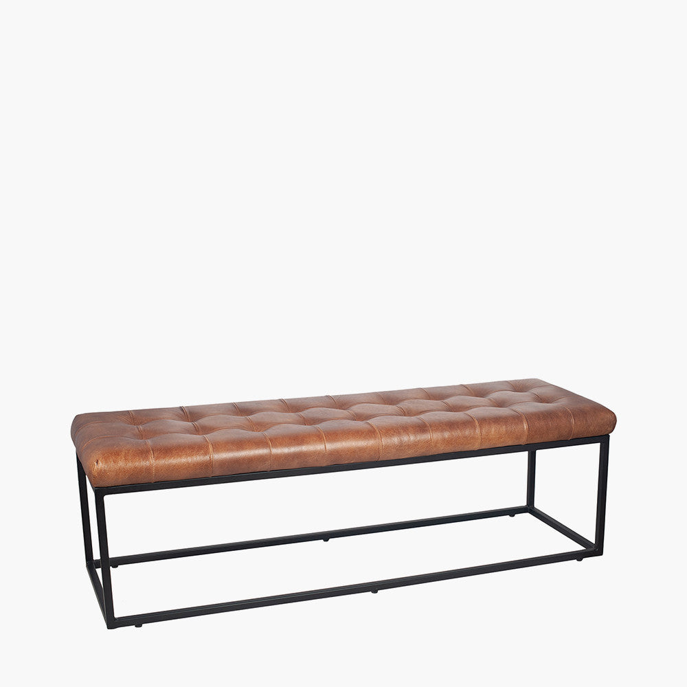 Arlo Vintage Brown Leather and Iron Buttoned Bench