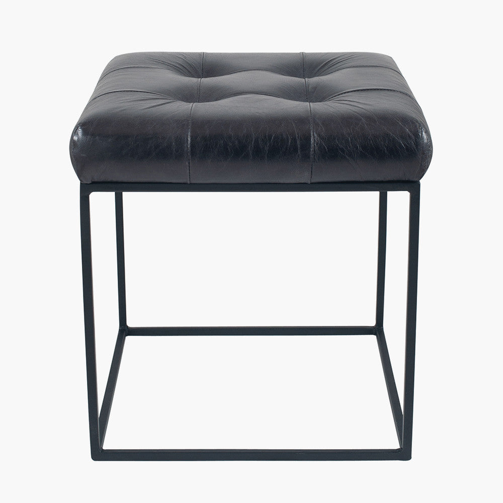 Arlo Steel Grey Leather and Iron Buttoned Stool