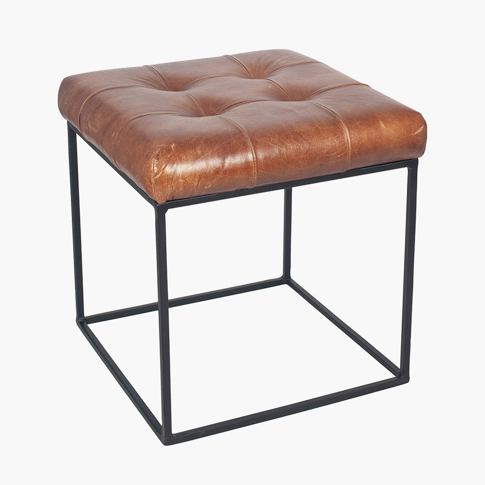 Arlo Vintage Brown Leather and Iron Buttoned Stool