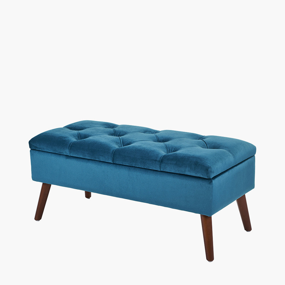 Pelagia Sapphire Blue Velvet Buttoned Bench with Storage