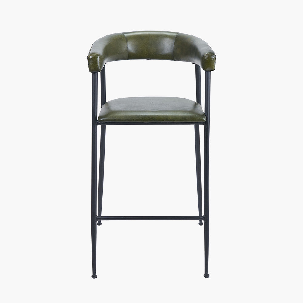 Ferrero Sage Green Leather and Iron Curved Bar Stool