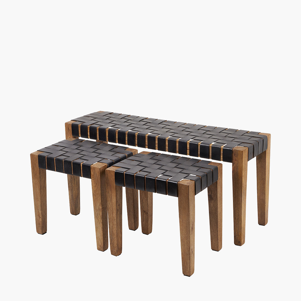 S/3 Claudio Black Woven Leather and Wood Bench and Stools