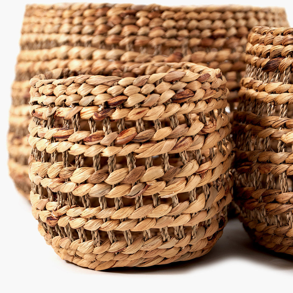S/3 Woven Water Hyacinth Round Stripe Detail Baskets