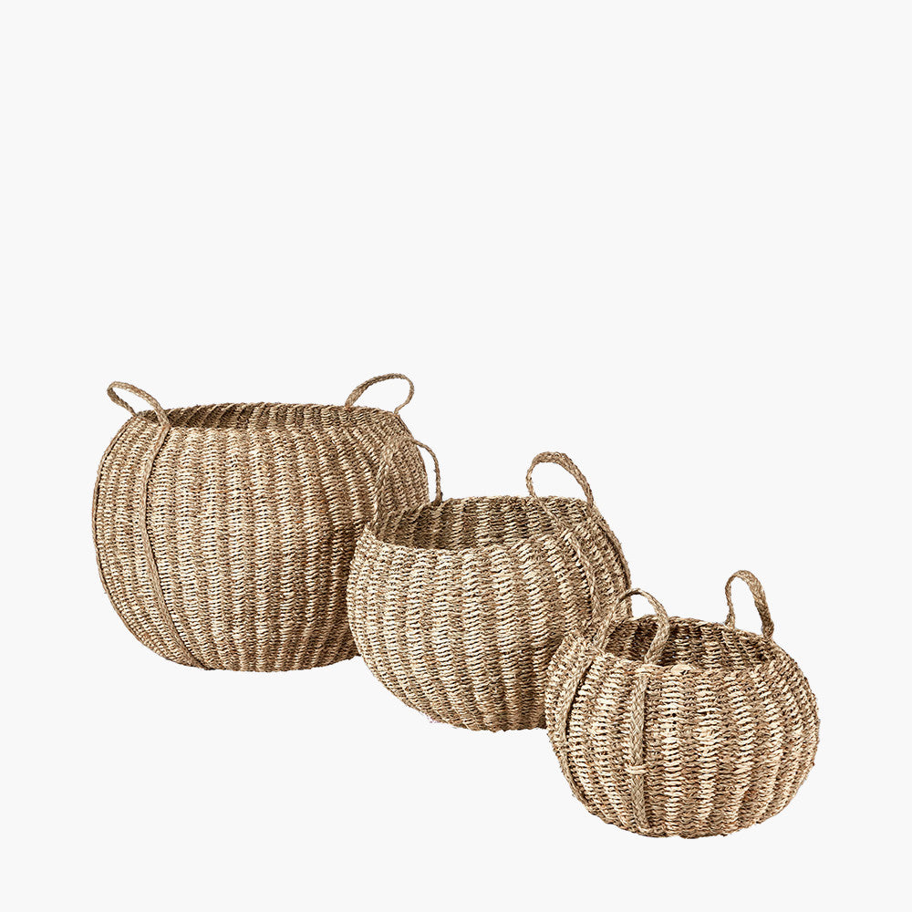 S/3 Woven Striped Natural Seagrass and Palm Leaf Round Baskets