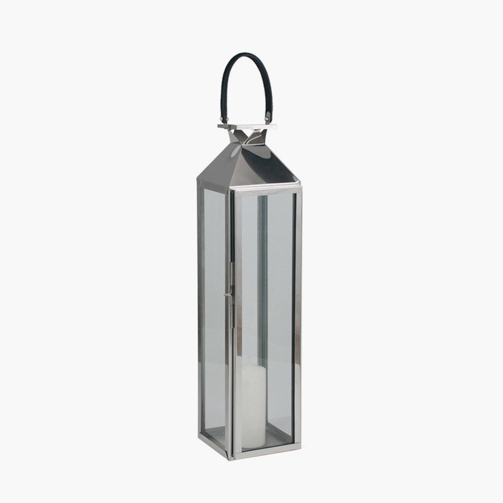 Shiny Nickel Stainless Steel and Glass Medium Lantern