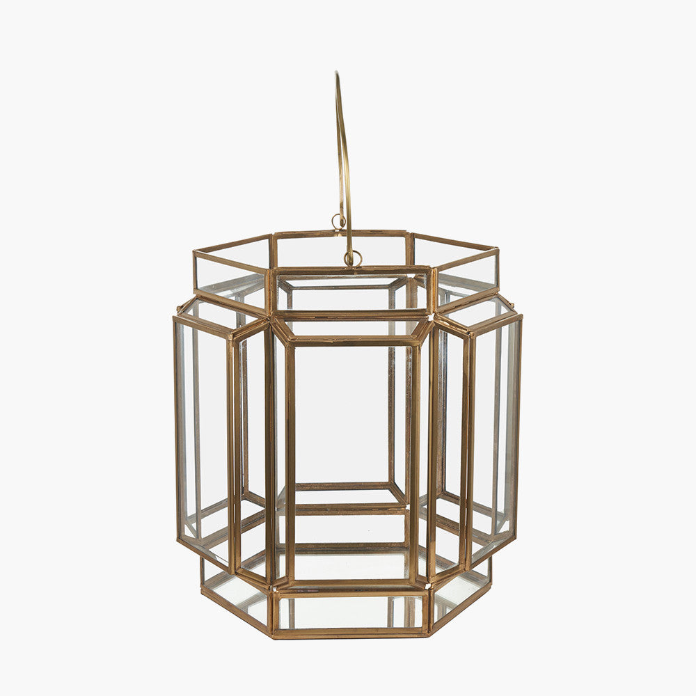 Shiny Brass Metal and Glass Hexagon Wide Lantern