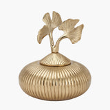 Gold Ribbed Metal Pot with Gingko Leaf Lid