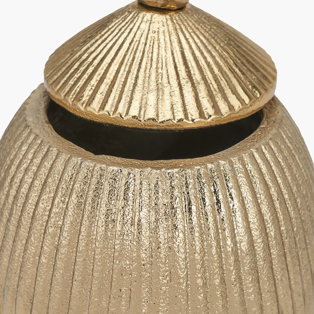Gold Ribbed Metal Tall Pot with Gingko Leaf Lid