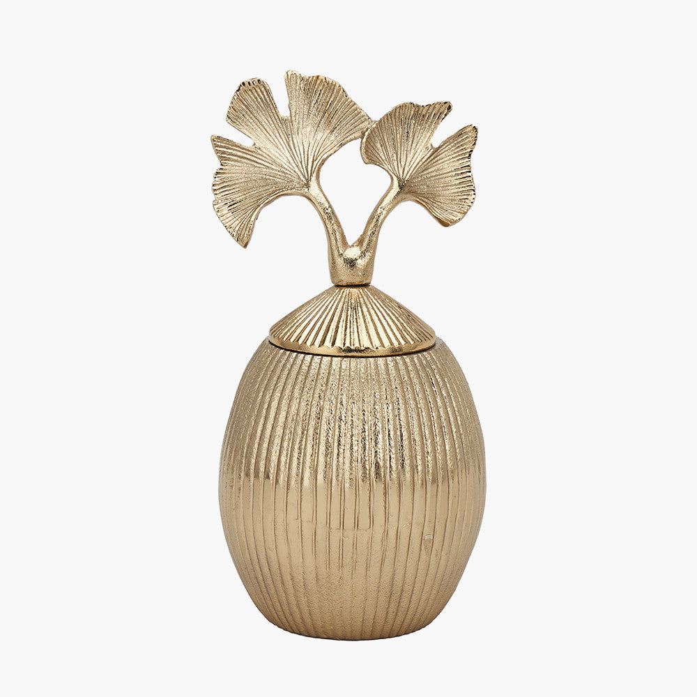 Gold Ribbed Metal Tall Pot with Gingko Leaf Lid