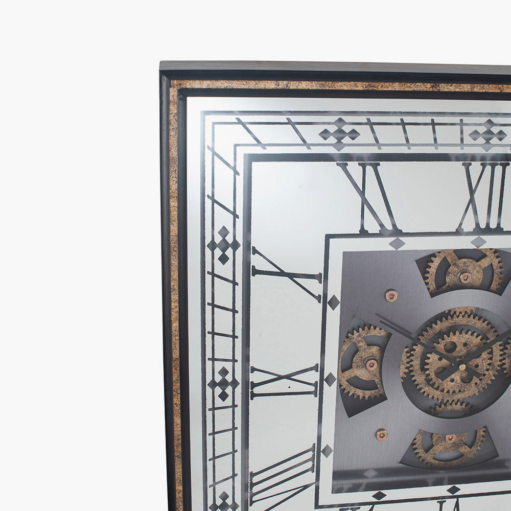 Antique Gold Wood and Mirror Square Working Cog Wall Clock