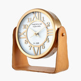 Tan Leather and Antique Brass Table Desk Clock