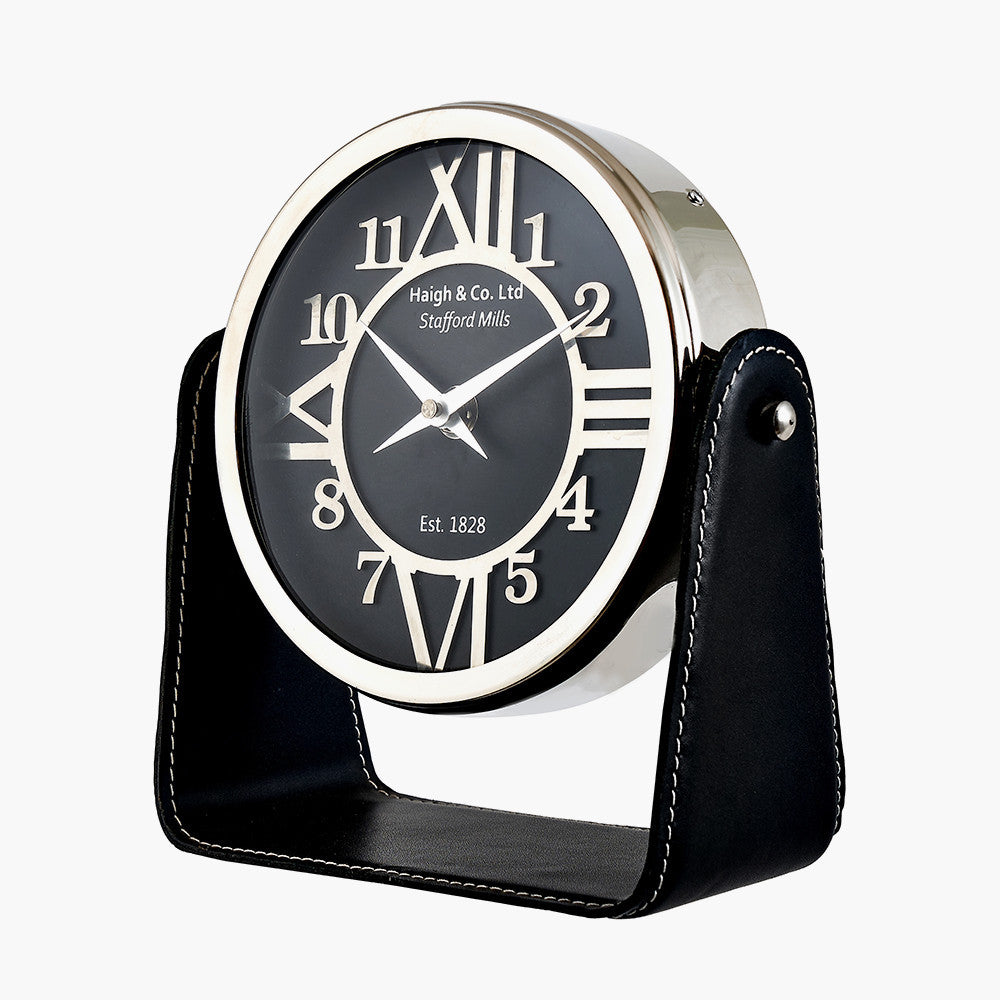 Black Leather and Nickel Table Clock