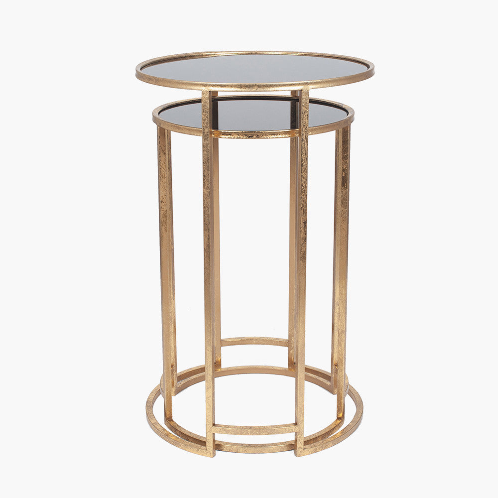 S/2 Veneziano Antique Gold Metal and Black Glass Round Tables