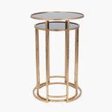 S/2 Veneziano Antique Gold Metal and Black Glass Round Tables