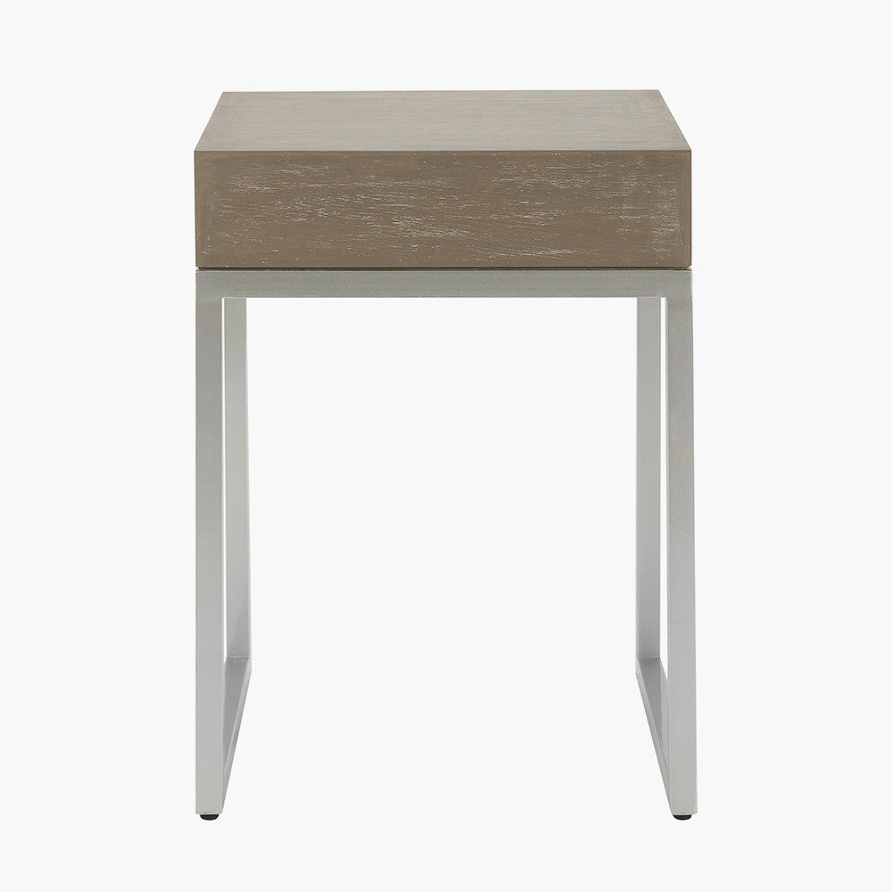 Ambroso Grey Wash Mango Wood and Silver Metal 1 Drawer Side Table