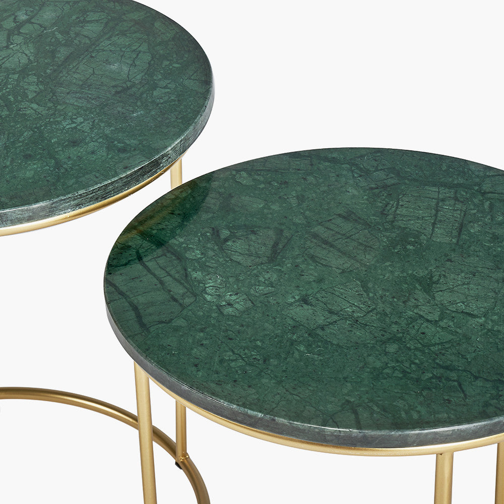 S/2 Milly Green Marble Tables with Gold Frame